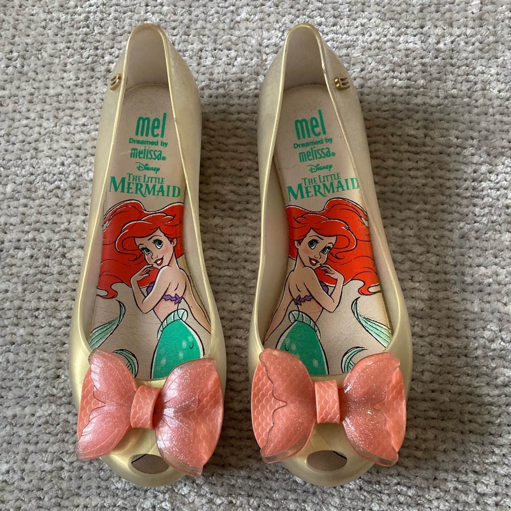 Mini Melissa Disney Little Mermaid Ariel Sparkle Bow Flats Girls Sz 3 Gold Pink‎